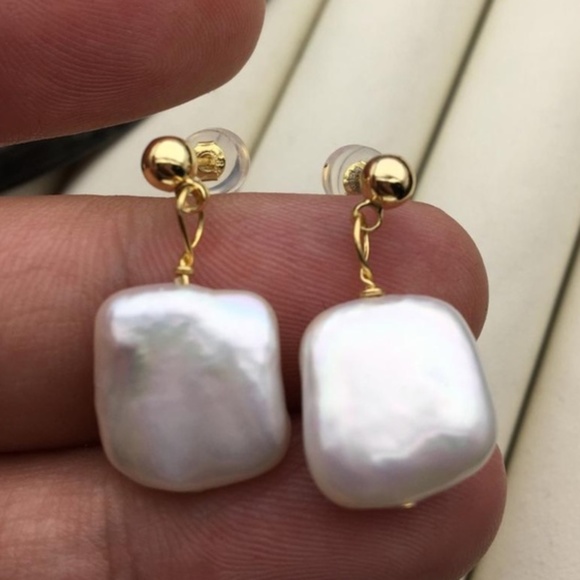 Hand Crafted Jewelry - White Square Shaped NATURAL Pearl Drops - 14K Yellow Gold Plate